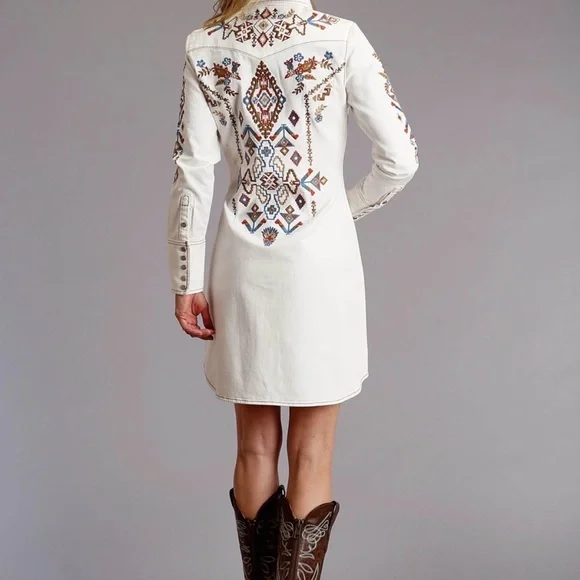 StetsonEmbroidered White Long Sleeve Dress Small - Picture 2 of 10
